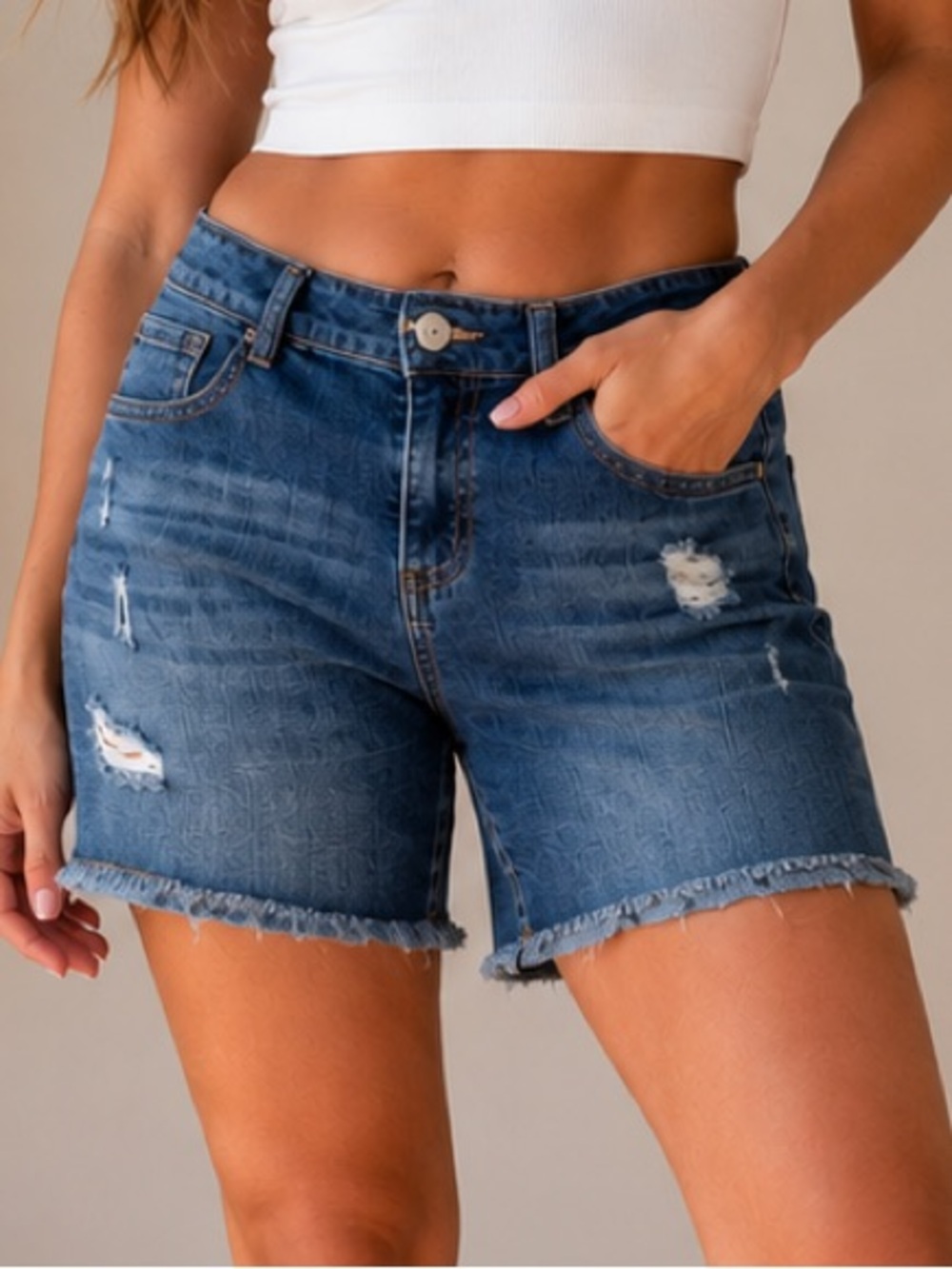Women’s Mid-Rise Distressed Blue Denim Shorts